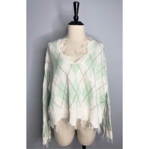 Just Polly Distressed Argyle V-Neck Sweater Oversized Medium